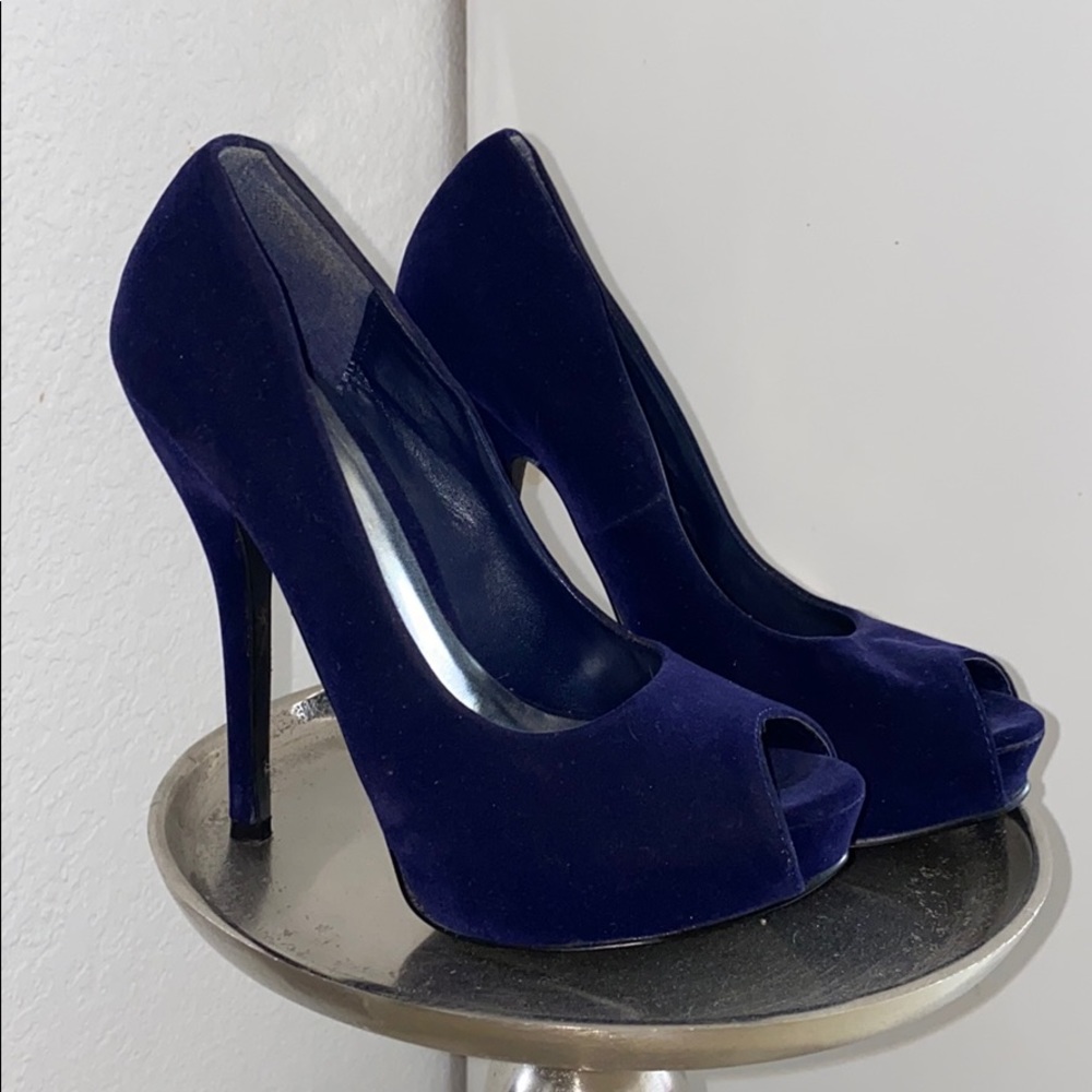 Qupid Navy Velvet Platform Pumps